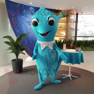 Turquoise Stingray mascot costume character dressed with a One-Piece Swimsuit and Pocket squares