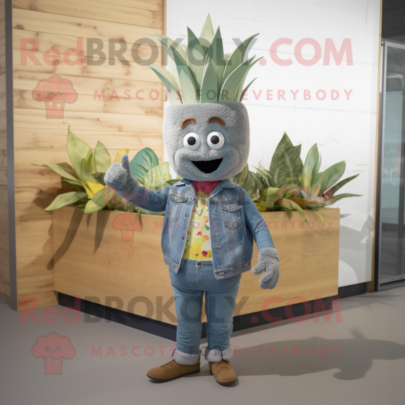 Gray Pineapple mascot costume character dressed with a Denim Shirt and Cummerbunds