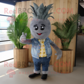 Gray Pineapple mascot costume character dressed with a Denim Shirt and Cummerbunds