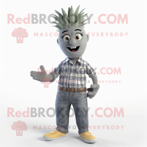 Gray Pineapple mascot costume character dressed with a Denim Shirt and Cummerbunds