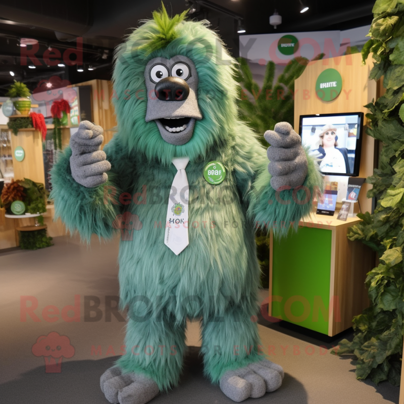 Forest Green Yeti mascot costume character dressed with a Waistcoat and Tie pins