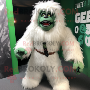 Forest Green Yeti mascot costume character dressed with a Waistcoat and Tie pins