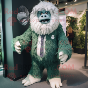 Forest Green Yeti mascot costume character dressed with a Waistcoat and Tie pins