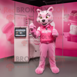 Pink Puma mascot costume character dressed with a Sheath Dress and Coin purses