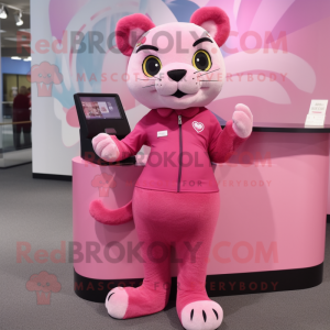 Pink Puma mascot costume character dressed with a Sheath Dress and Coin purses