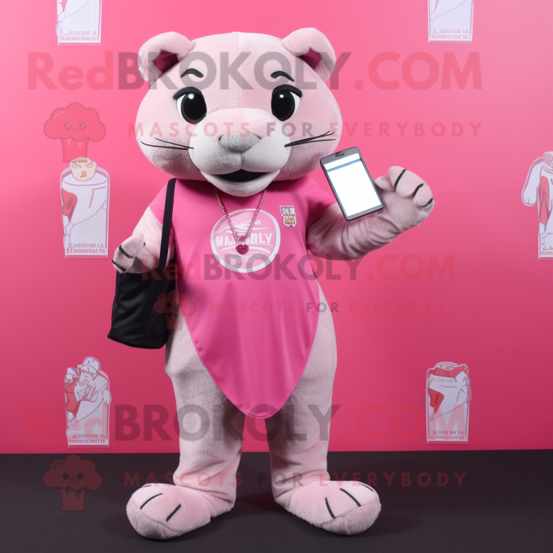 Pink Puma mascot costume character dressed with a Sheath Dress and Coin purses Pink Puma mascot costume character dressed with a Sheath Dress and Coin purses