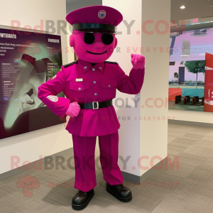 Magenta Soldier mascot costume character dressed with a Dress Pants and Bracelet watches