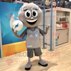 Gray Volleyball Ball mascot costume character dressed with a Sweatshirt and Cummerbunds