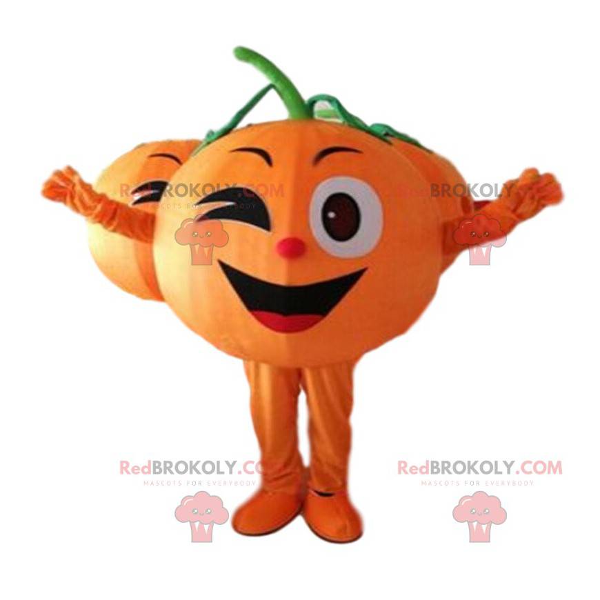 Mascote gigante laranja piscando, fantasia de frutas -