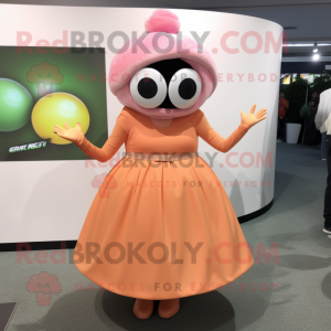 Peach Cyclops mascot costume character dressed with a Maxi Skirt and Gloves