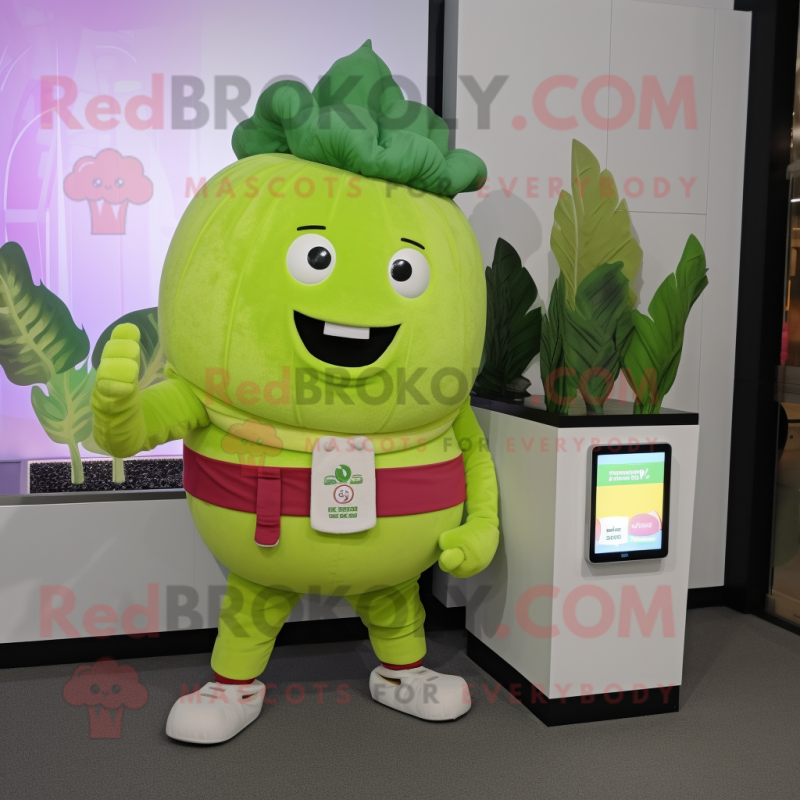 Lime Green Turnip mascot costume character dressed with a Corduroy Pants and Digital watches