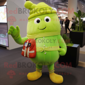 Lime Green Turnip mascot costume character dressed with a Corduroy Pants and Digital watches