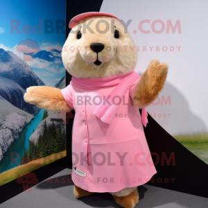 Pink Marmot mascot costume character dressed with a Blouse and Shawl pins