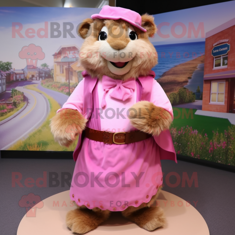 Pink Marmot mascot costume character dressed with a Blouse and Shawl pins Pink Marmot mascot costume character dressed with a Blouse and Shawl pins