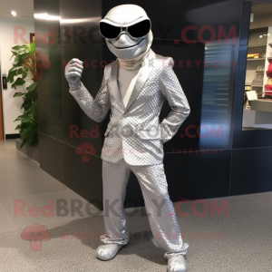 Silver Python mascot costume character dressed with a Suit Pants and Sunglasses