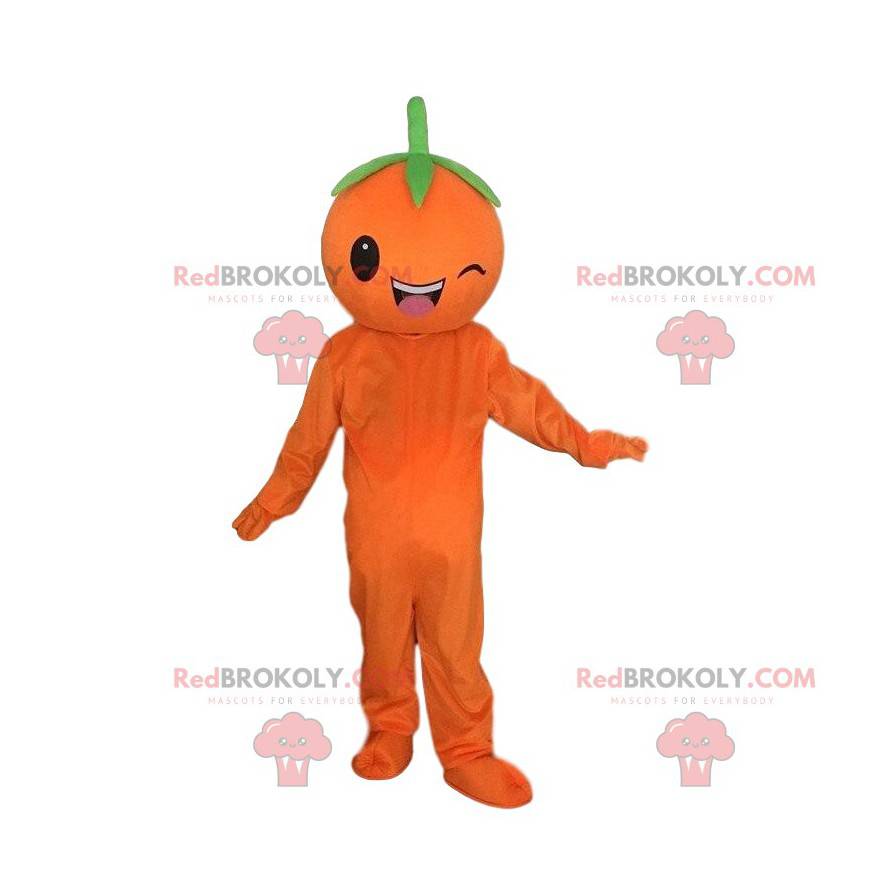 Mascota naranja gigante guiñando un ojo, disfraz de fruta -