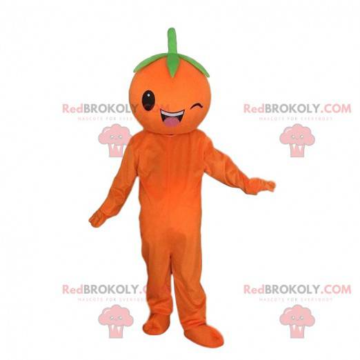 Mascote gigante laranja piscando, fantasia de frutas -