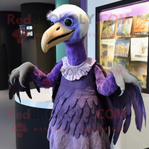 Lavender Vulture mascot costume character dressed with a Pleated Skirt and Gloves