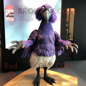 Lavender Vulture mascot costume character dressed with a Pleated Skirt and Gloves