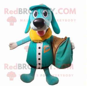 Teal Hot Dogs mascot costume character dressed with a Vest and Messenger bags