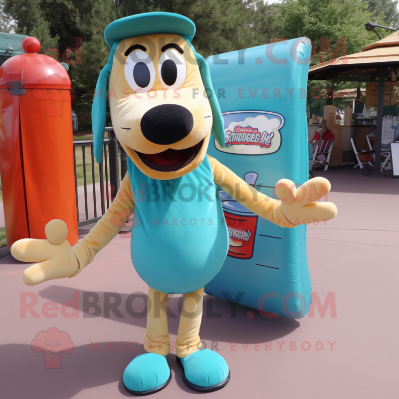 Teal Hot Dogs mascot costume character dressed with a Vest and Messenger bags Teal Hot Dogs mascot costume character dressed with a Vest and Messenger bags