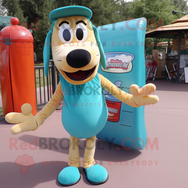 Teal Hot Dogs mascot costume character dressed with a Vest and Messenger bags