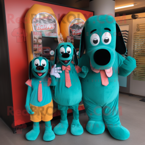 Teal Hot Dogs mascot costume character dressed with a Vest and Messenger bags