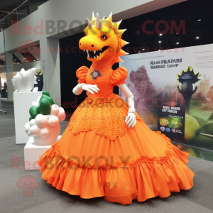 Orange Stegosaurus mascot costume character dressed with a Evening Gown and Brooches