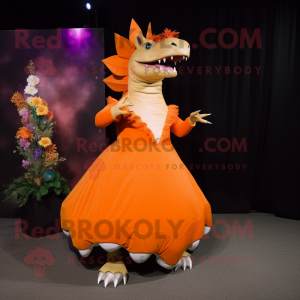 Orange Stegosaurus mascot costume character dressed with a Evening Gown and Brooches