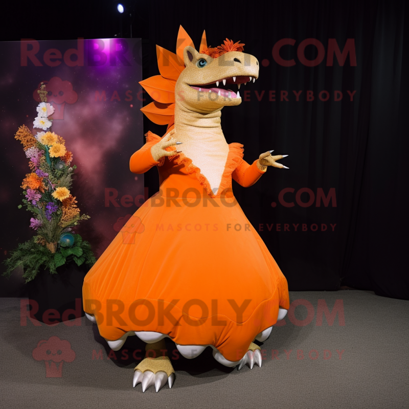 Orange Stegosaurus mascot costume character dressed with a Evening Gown and Brooches Orange Stegosaurus mascot costume character dressed with a Evening Gown and Brooches