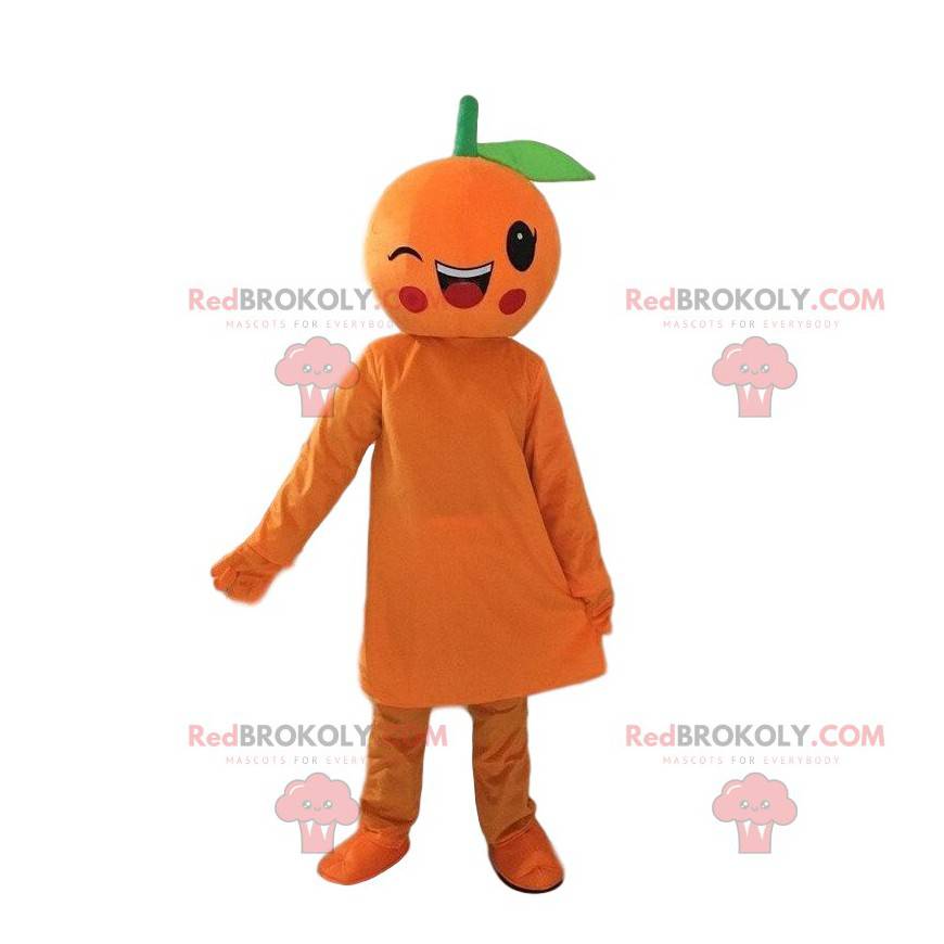 Gigantisk oransje maskot som blinker, fruktdrakt -