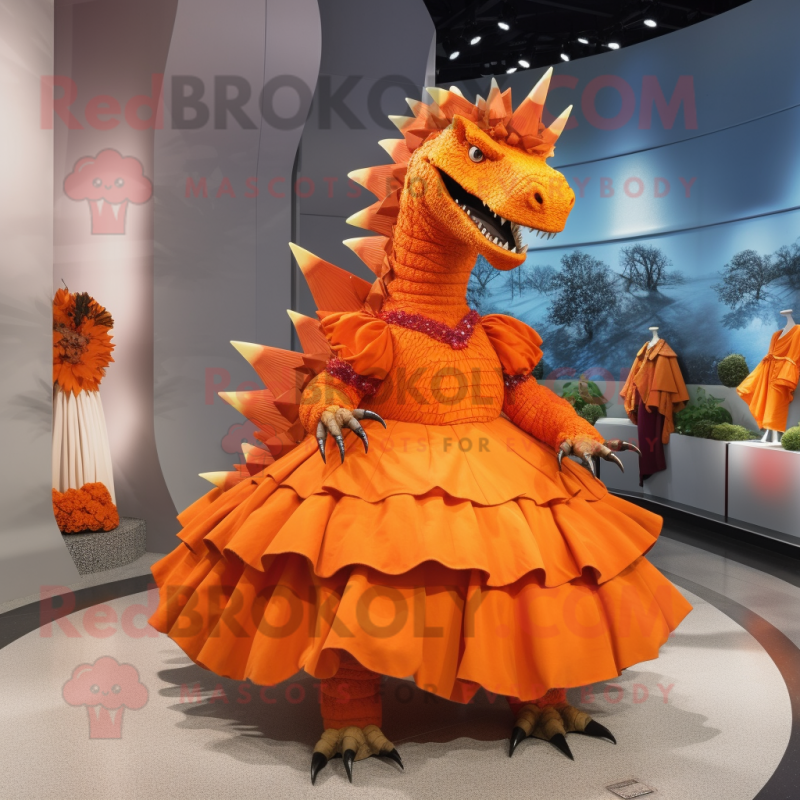 Orange Stegosaurus mascot costume character dressed with a Evening Gown and Brooches Orange Stegosaurus mascot costume character dressed with a Evening Gown and Brooches