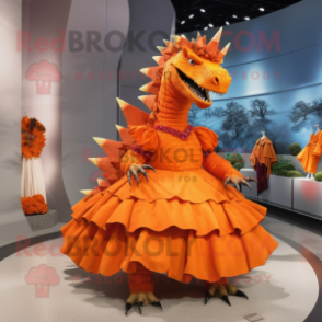 Orange Stegosaurus mascot costume character dressed with a Evening Gown and Brooches