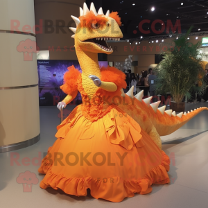 Orange Stegosaurus mascot costume character dressed with a Evening Gown and Brooches