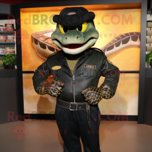 Black Anaconda mascot costume character dressed with a Leather Jacket and Belts