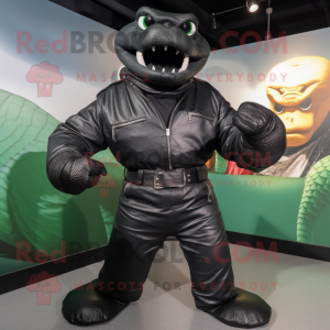 Black Anaconda mascot costume character dressed with a Leather Jacket and Belts