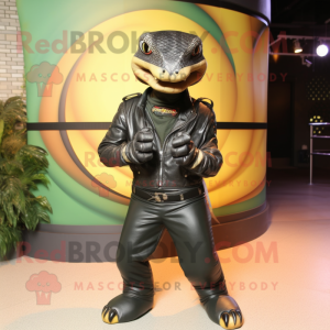 Black Anaconda mascot costume character dressed with a Leather Jacket and Belts