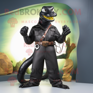 Black Anaconda mascot costume character dressed with a Leather Jacket and Belts