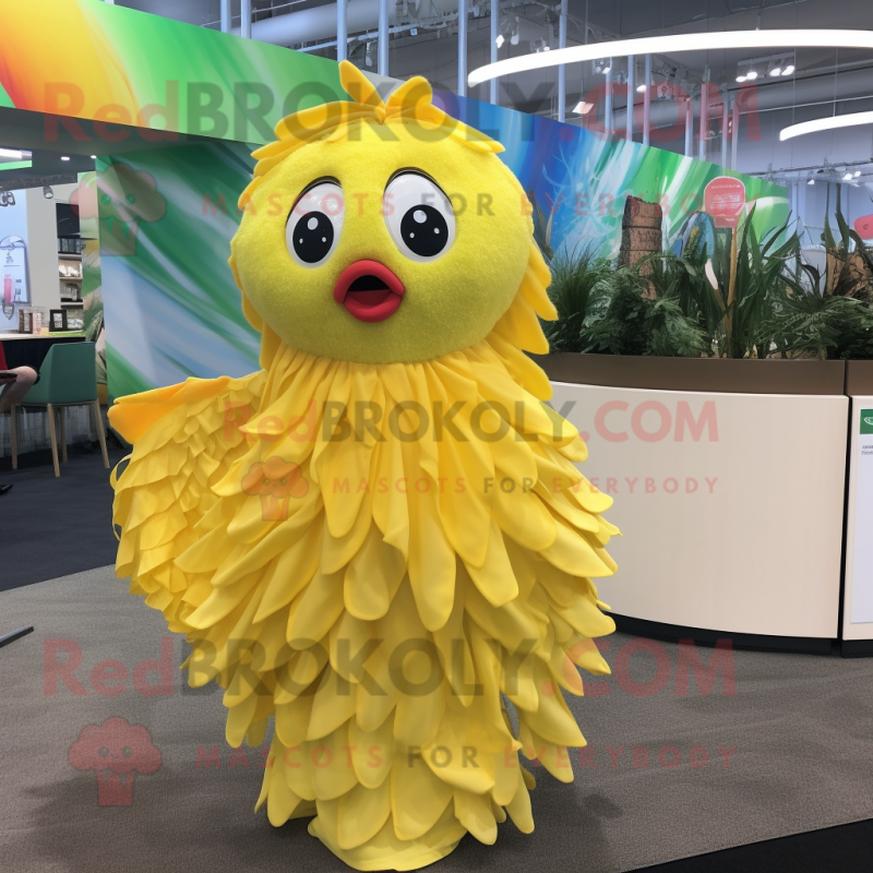 Lemon Yellow Betta Fish mascot costume character dressed with a Wrap Skirt and Necklaces