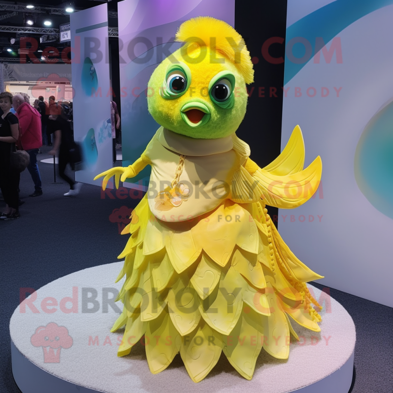 Lemon Yellow Betta Fish mascot costume character dressed with a Wrap Skirt and Necklaces