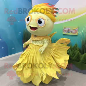 Lemon Yellow Betta Fish mascot costume character dressed with a Wrap Skirt and Necklaces
