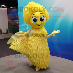 Lemon Yellow Betta Fish mascot costume character dressed with a Wrap Skirt and Necklaces