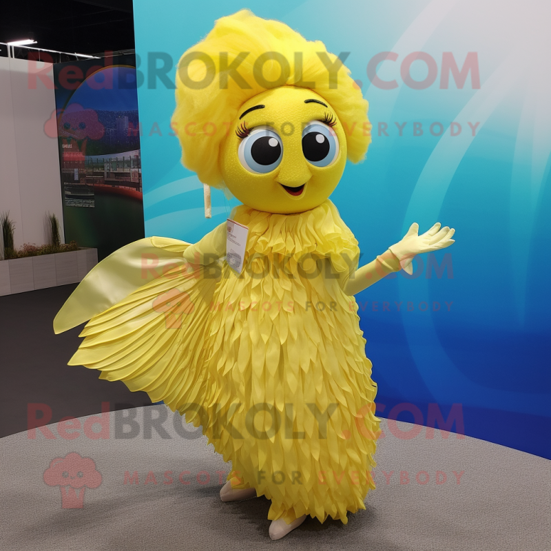 Lemon Yellow Betta Fish mascot costume character dressed with a Wrap Skirt and Necklaces