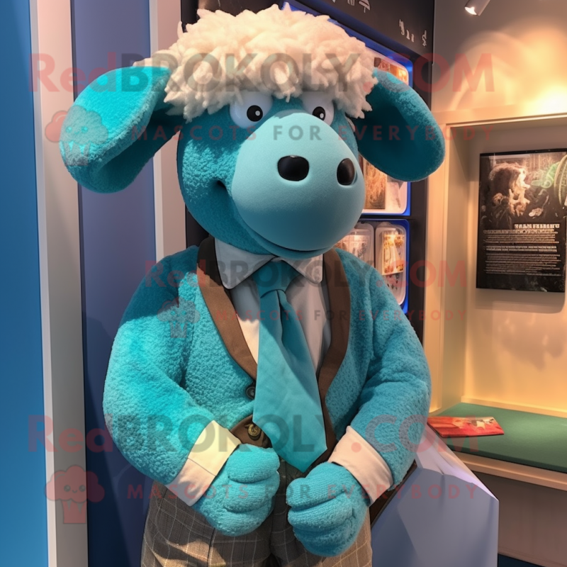 Turquoise Merino Sheep mascot costume character dressed with a Waistcoat and Bow ties