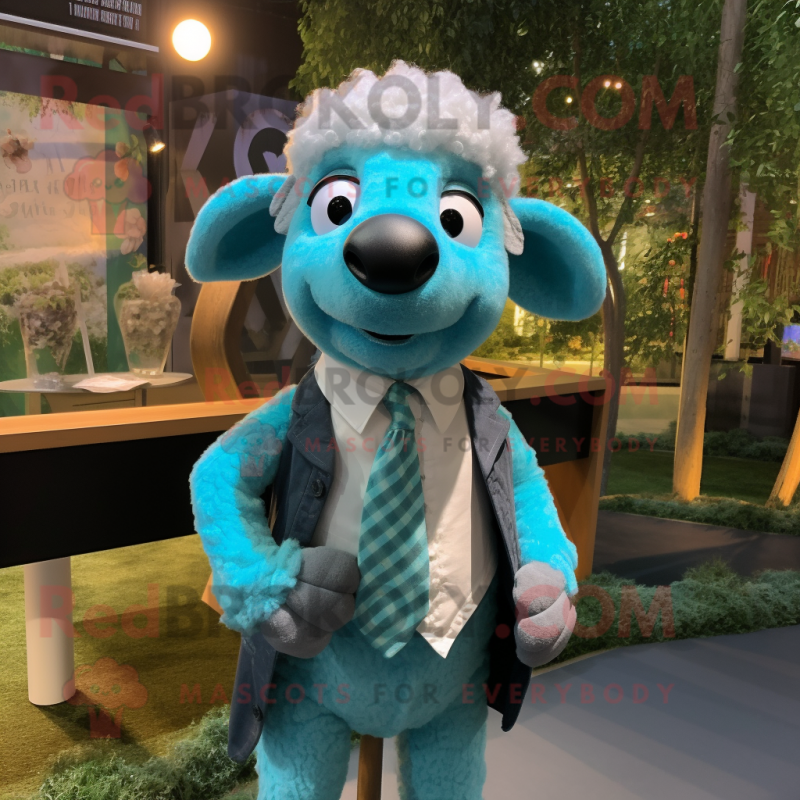 Turquoise Merino Sheep mascot costume character dressed with a Waistcoat and Bow ties