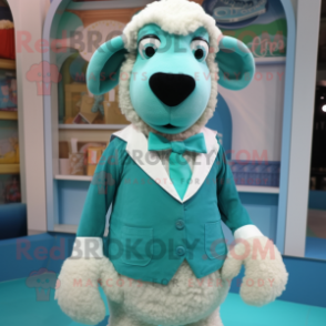 Turquoise Merino Sheep mascot costume character dressed with a Waistcoat and Bow ties