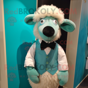 Turquoise Merino Sheep mascot costume character dressed with a Waistcoat and Bow ties