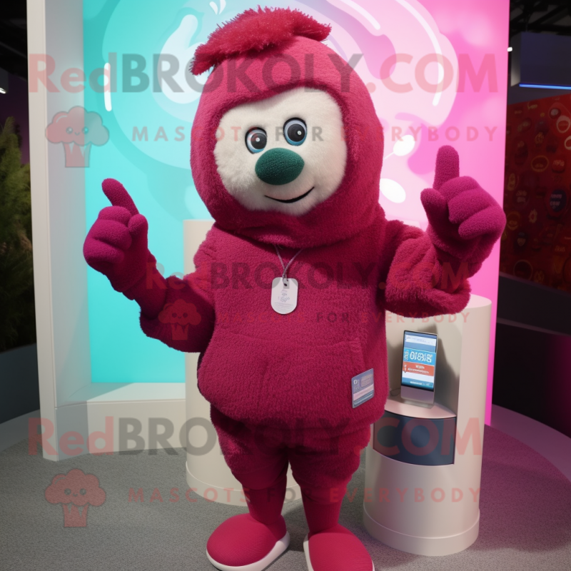 Magenta Engagement Ring mascot costume character dressed with a Cardigan and Mittens Magenta Engagement Ring mascot costume character dressed with a Cardigan and Mittens