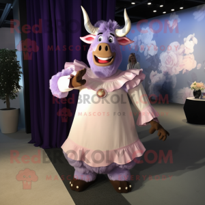 Lavender Minotaur mascot costume character dressed with a Ball Gown and Lapel pins