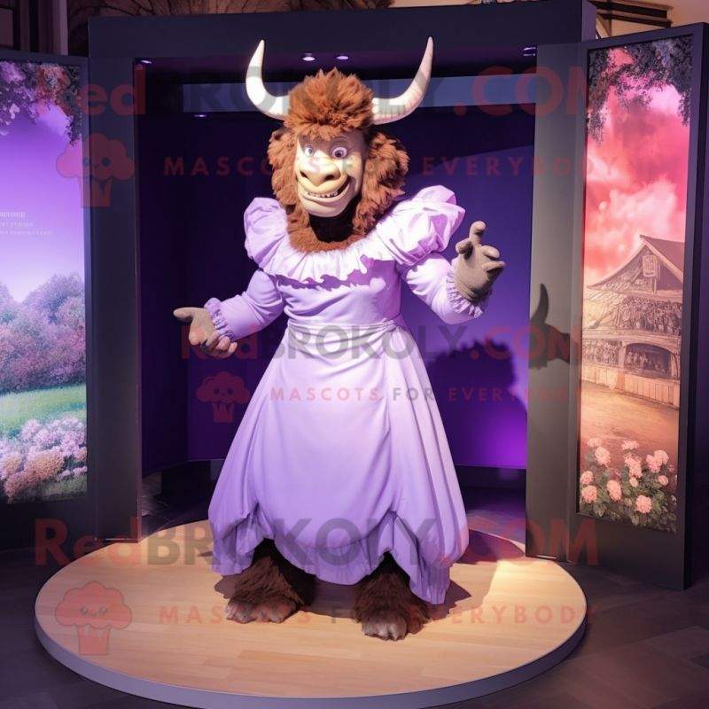 Lavender Minotaur mascot costume character dressed with a Ball Gown and Lapel pins